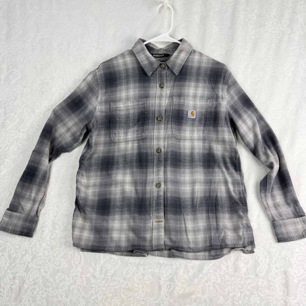 Carhartt Womens M Gray Plaid Rugged Flex Flannel Shirt Loose Gorpcore Utility
